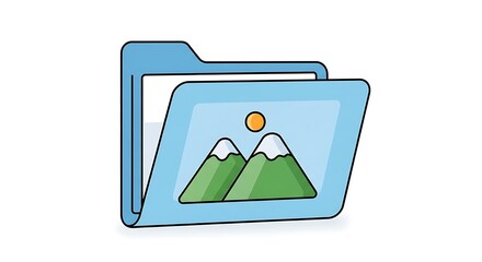 Folder icon with a landscape view of mountains and sun isolated on white background