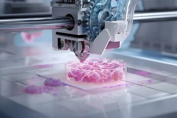 &ldquo;3D bioprinter creating tissue with pink bioink in lab&rdquo;
