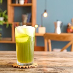 Iced green drink on a coaster