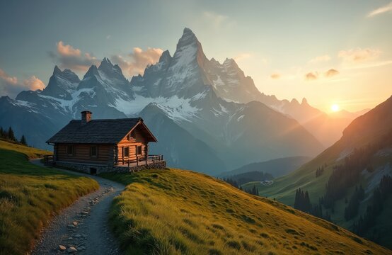 Log cabin nestled on grassy mountain slope during sunset. Majestic snow-capped peaks dominate background under vast sky with scattered clouds. Gravel path leads to rustic dwelling, offering serene