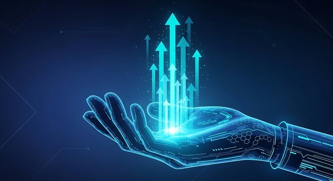 Robotic hand releasing bright blue upward growth arrows symbolizing innovation and future technology