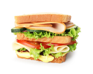 Tasty sandwich with ham, cheese and vegetables isolated on white