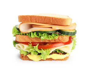 Tasty sandwich with ham, cheese and vegetables isolated on white