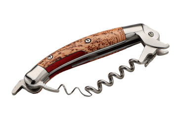 Elegant, multi-functional wine tool with a curved wooden handle and a metal corkscrew