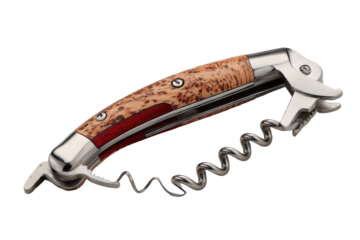 Elegant, multi-functional wine tool with a curved wooden handle and a metal corkscrew
