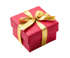 Obraz premium A square, crimson-red gift box, adorned with a golden ribbon bow