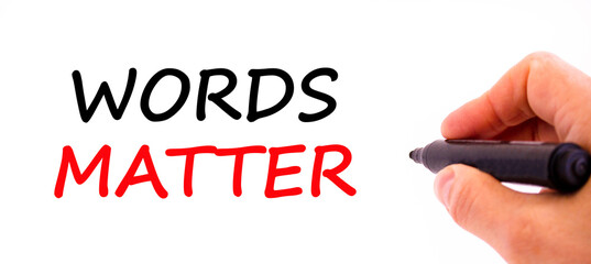 Words matter symbol. Concept word Words matter on beautiful white paper. Businessman's hand with...