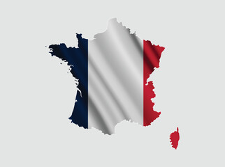 National France flag in geographical map shape. France flag and map