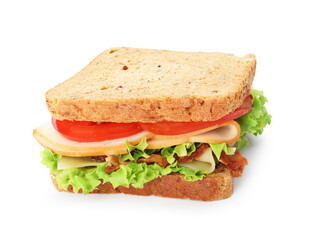 Tasty sandwich with ham, bacon, cheese and vegetables isolated on white
