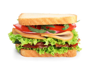 Tasty sandwich with ham, bacon and vegetables isolated on white