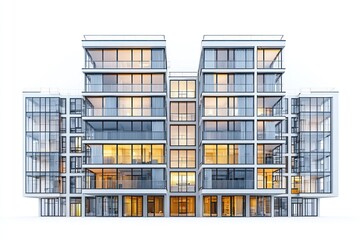 Modern apartment building with large windows against white background