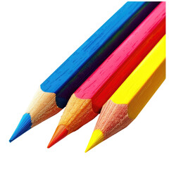 Three vibrant colored pencils angled in a diagonal line against a black background.  The pencils show the colors blue, red, and yellow, in high saturation.