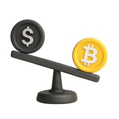  A scale balancing a Bitcoin coin and a Dollar coin, with Bitcoin outweighing the Dollar, symbolizing Bitcoin's higher value and cryptocurrency's growing dominance over traditional currency