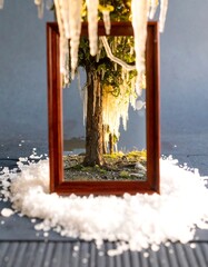 Icicles framing a winter scene