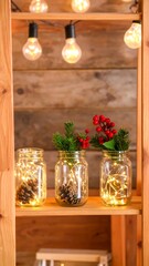 Illuminated Jars with Christmas Decorations on Wooden Shelves