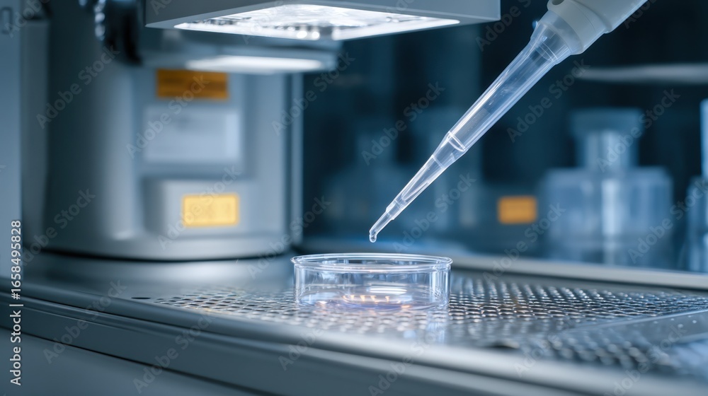 Poster medium shot capturing pipetting of crispr phage cocktail solution within a laminarflow cabinet empha