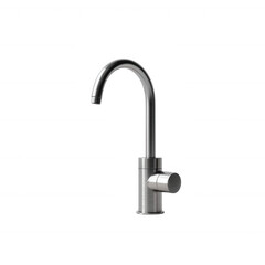 Modern metal kitchen faucet with a sleek design and curved spout, ideal for contemporary interiors, isolated on white background.