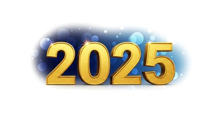 Golden 2025 with bokeh lights, isolated on white background for new year