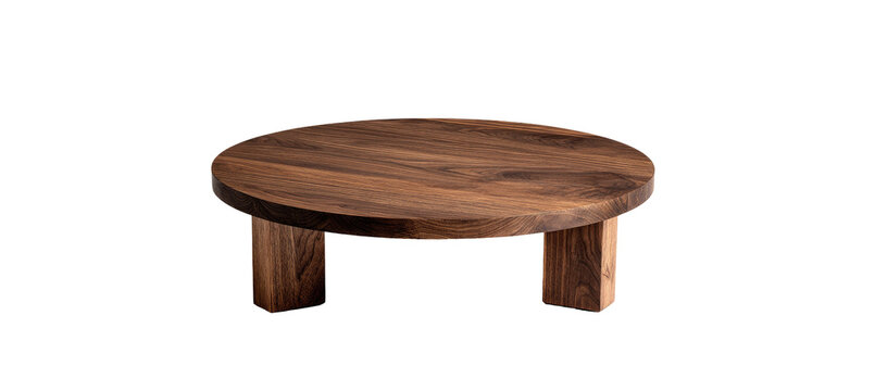 Dark brown wooden circular coffee table with simple, sturdy base