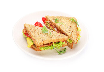 Tasty sandwiches with bacon, cheese and vegetables isolated on white