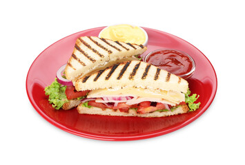 Tasty sandwiches with ham, cheese, vegetables and sauces isolated on white