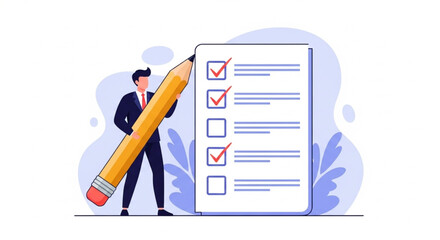 Businessman Holding Giant Pencil and Checklist, Symbol of Planning and Organization