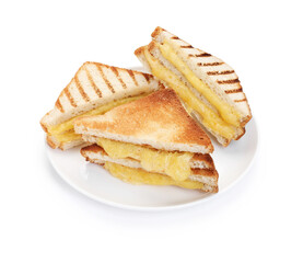 Tasty sandwiches with melted cheese isolated on white