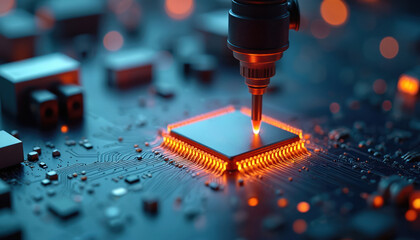 Advanced electronic component manufacturing process. Robotic arm with glowing tip works on modern microchip. Close-up view of circuit board, intricate circuitry, glowing components signifies