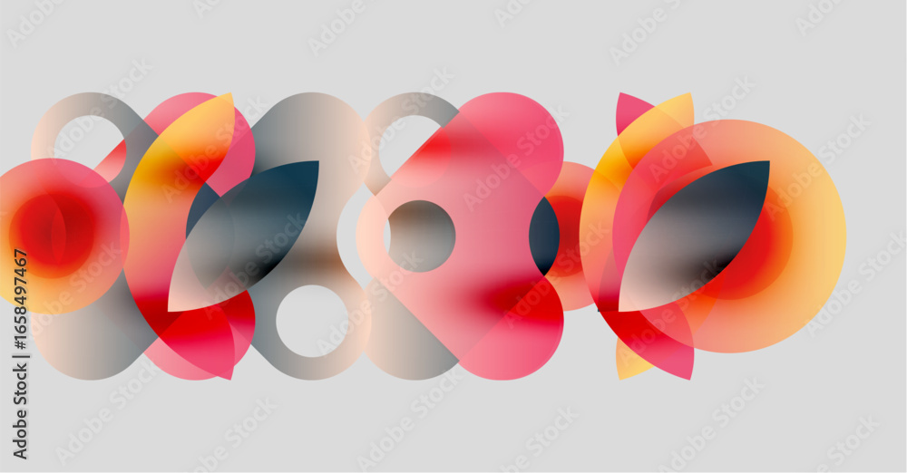 Poster abstract composition featuring overlapping translucent circles. warm, cool colors blend, creating dy