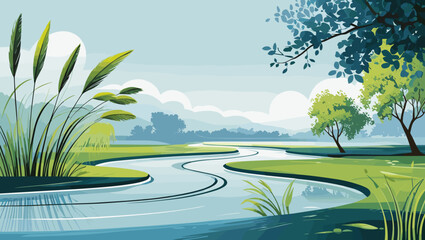 Serene landscape with a winding river, greenery, and peaceful atmosphere
