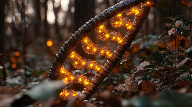 Glowing DNA in Autumnal Forest: A Mystical Encounter