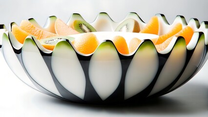 elegant glass bowl with scalloped edges filled with fresh orange kiwi slices
