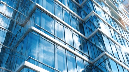 Modern glass building reflects blue sky and white clouds in its facade