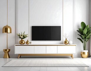 Modern Living Room with Sleek White Media Console and Gold Accents.