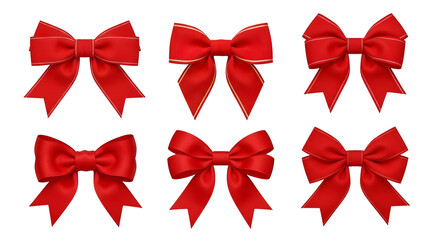 Six Red Satin Bows with White Stitching and Gold Trim isolated on a transparent background