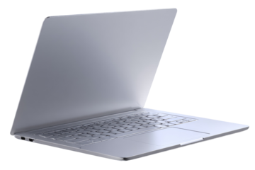 Light gray laptop angled back, showing keyboard