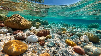 Close-up underwater view of a riverbed with diverse smooth stones and sparkling water