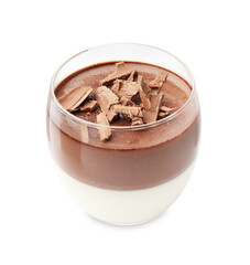 Delicious panna cotta with chocolate chunks in glass isolated on white