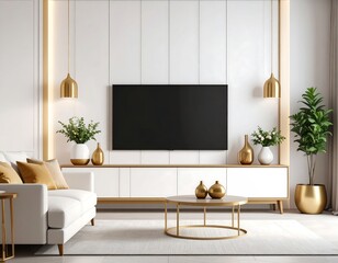 Modern Living Room with White Sofa, Large TV, and Gold Accents.