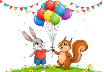 Obraz premium Cute bunny and squirrel holding balloons isolated on transparent background