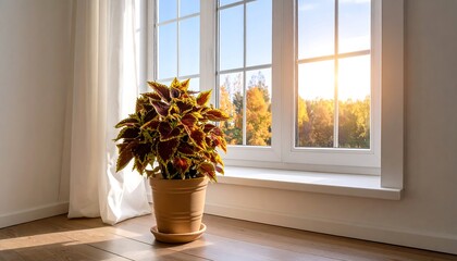 Indoor plant by window, autumn scenery