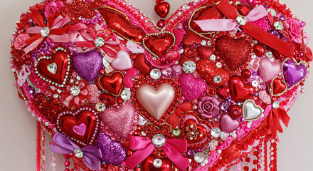 Sparkling bejeweled heart decoration bursts with vibrant red, pink, and purple love.