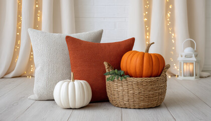 Halloween pumpkin basket room with cozy pillows and warm lights creating festive and inviting autumn atmosphere indoors