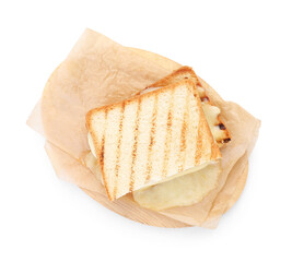 Tasty sandwich with melted cheese isolated on white, top view