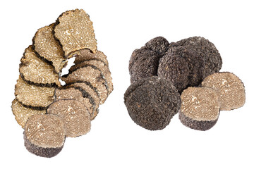 sliced and whole black truffles in a studio setting