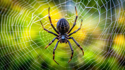 A black spider sitting in the center of its web outdoors