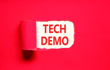 Tech demo symbol. Concept word Tech demo on beautiful white paper. Beautiful red paper background....
