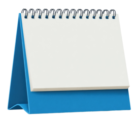 A vibrant blue tabletop calendar with a blank white page.  The calendar has a triangular base and a spiral binding