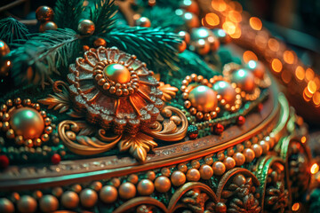 Festive Ornate Decoration Close-Up with Gold, Green, and Orange Details