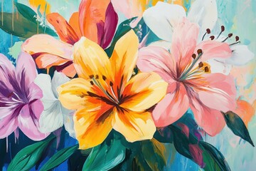Vibrant impressionist oil painting of a lily bouquet